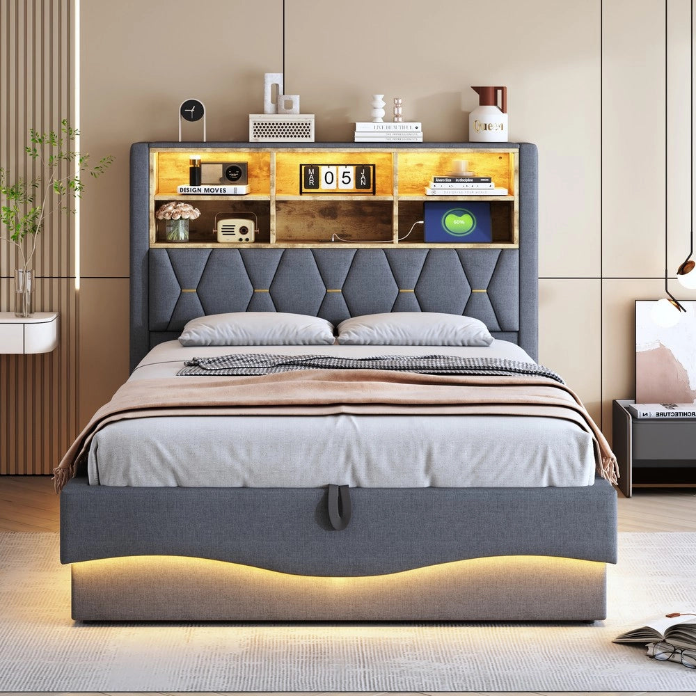 Letto Contenitore Imbottito 140x200 ¨C MINIMAL ¨C Grigio, LED, USB, Idraulico, Metallo