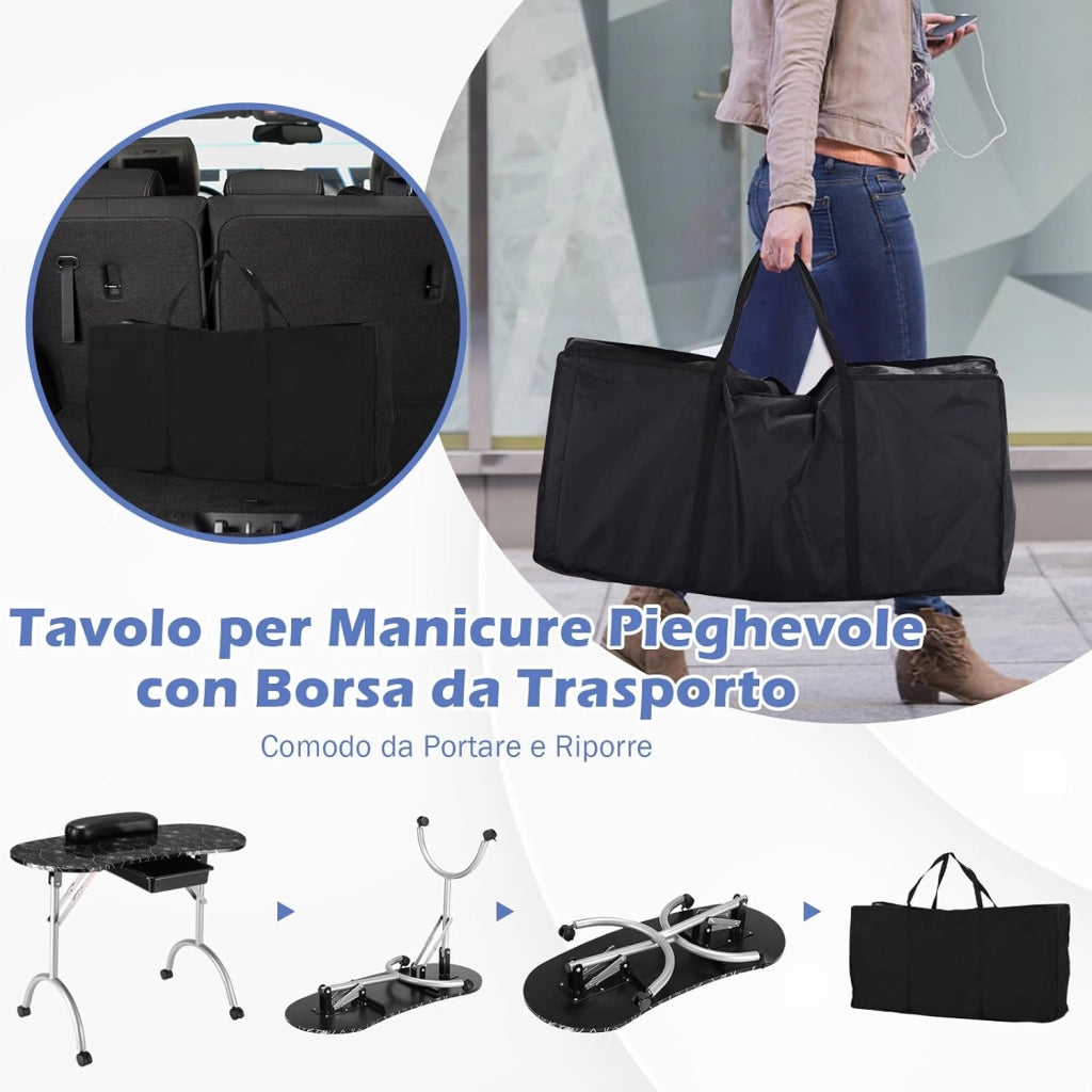 Tavolo per Manicure, Tavolo per Unghie Pieghevole per Estetista con Ruote, Cassetto e Cuscino Poggiapolsi (Nero)