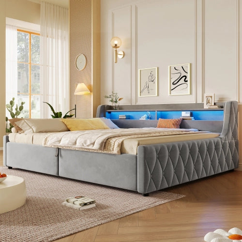 Letto imbottito con contenitore idraulico 140x200 cm LEMONMAX, LED multicolore, salvaspazio per cameretta e ospiti, MDF e tessuto, grigio