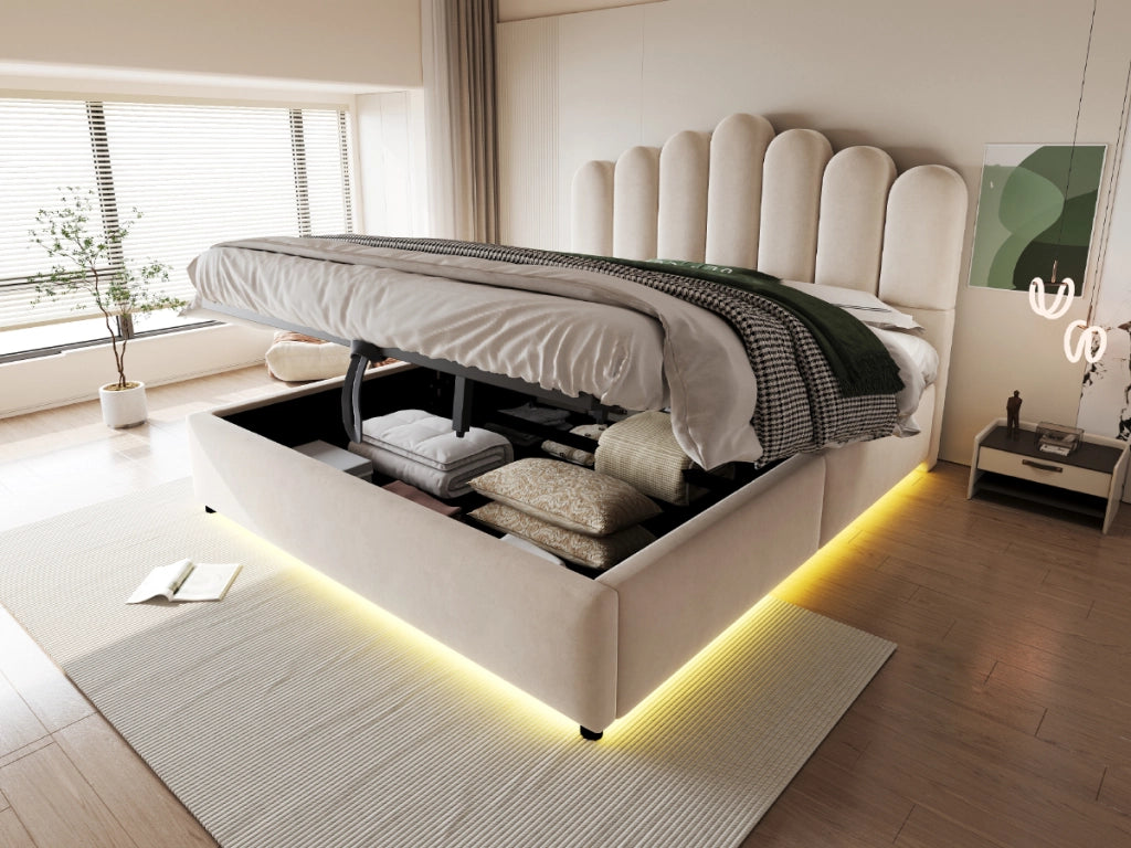 DESMIU Letto contenitore 140 × 200 cm 2 posti con LED e vano idraulico, senza materasso, in velluto, beige