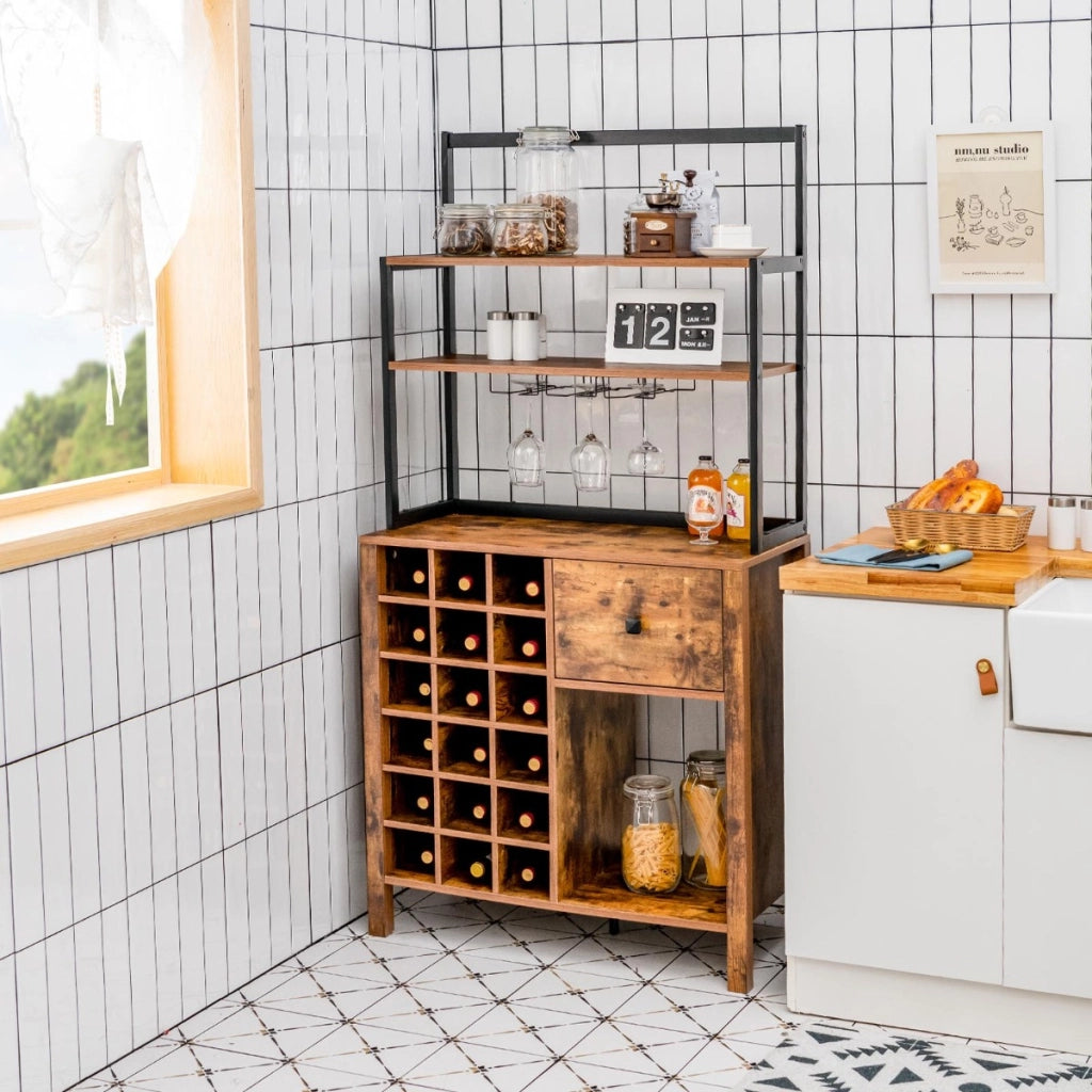 Mobile da cucina autoportante con portabottiglie e cassetto, Scaffale per pasticceria con portabicchieri Marrone