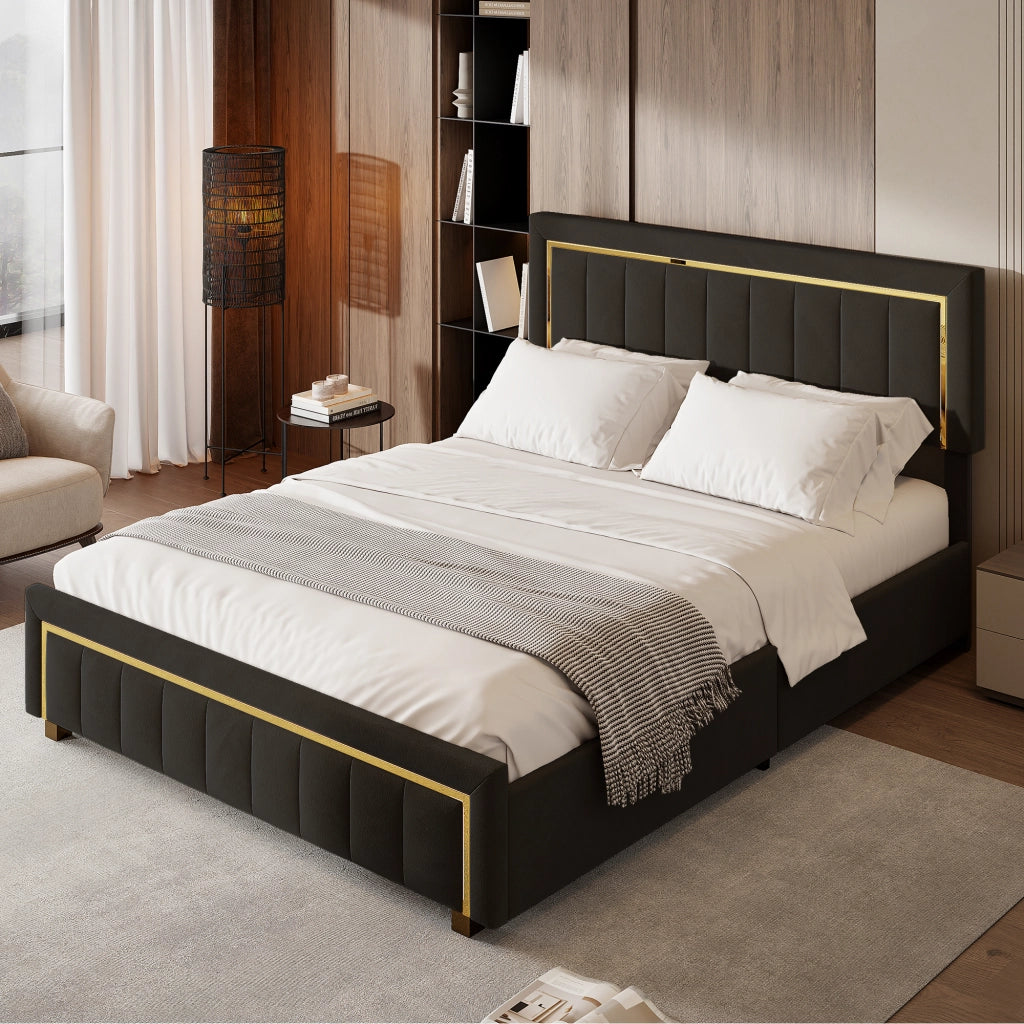 Letto matrimoniale con contenitore idraulico, velluto nero, testiera imbottita con finiture dorate, struttura robusta, dimensioni 140x200 cm, max portata 250 kg