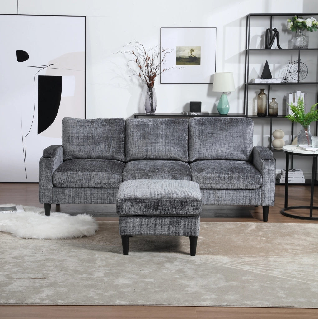 Divano 4 posti con pouf contenitore; rivestimento in chenille grigio; 196;5 cm