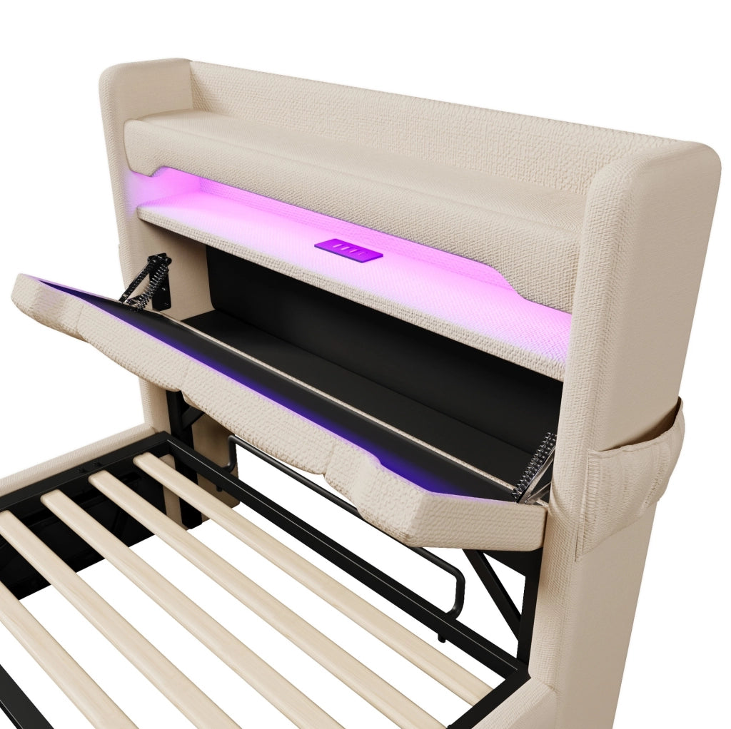 Letto imbottito 90x200 con materasso, LED, USB e vano contenitore