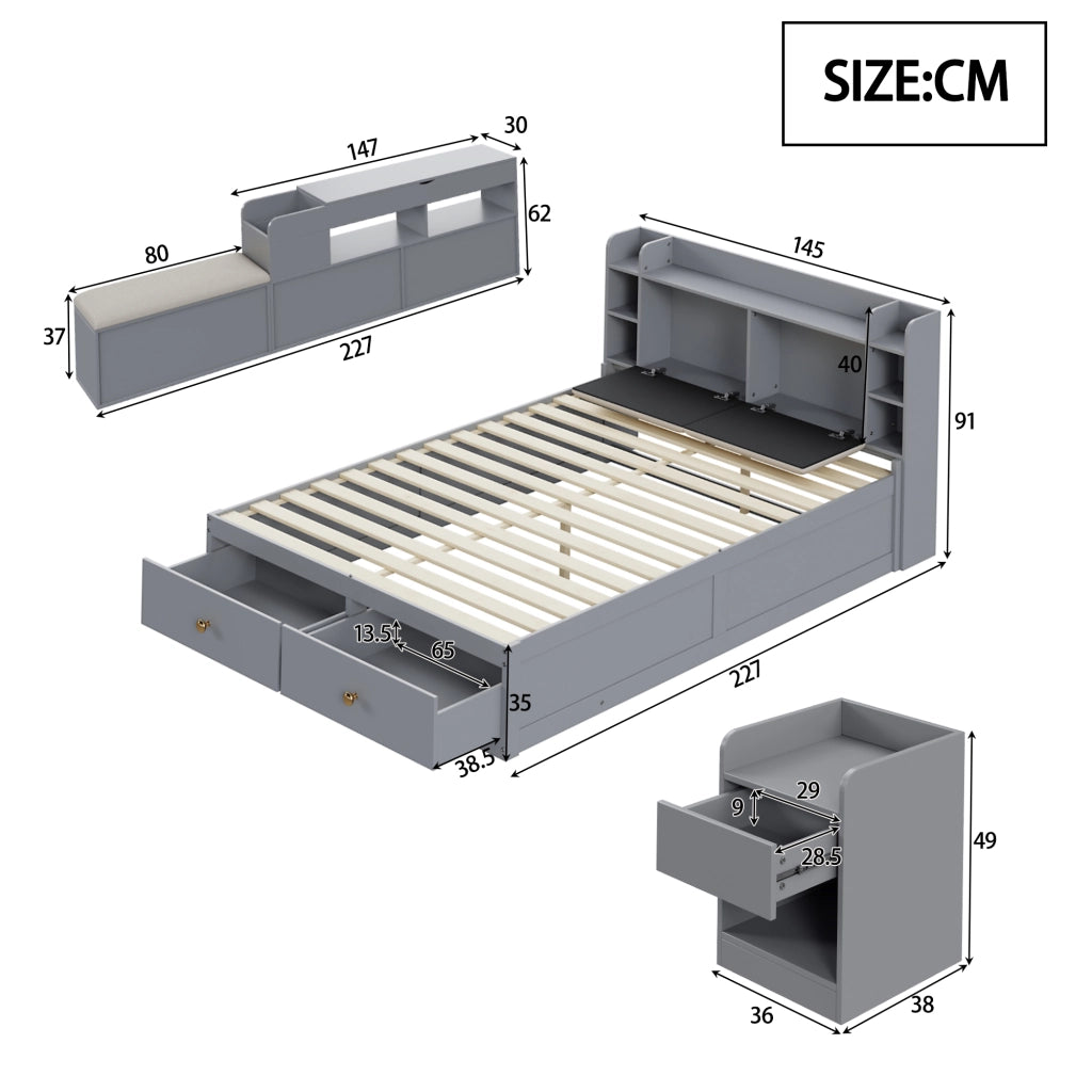 Letto contenitore matrimoniale 140×200 cm con testiera imbottita; 2 cassetti e ripiani; senza materasso; legno; grigio