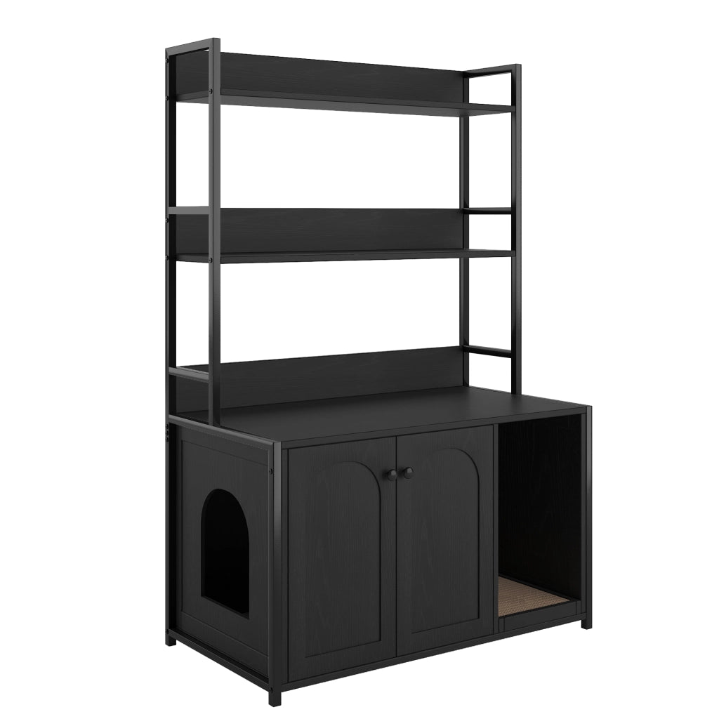 MOBILETTO LETTIERA per gatti con scaffali 3 livelli, nero, MDF e metallo