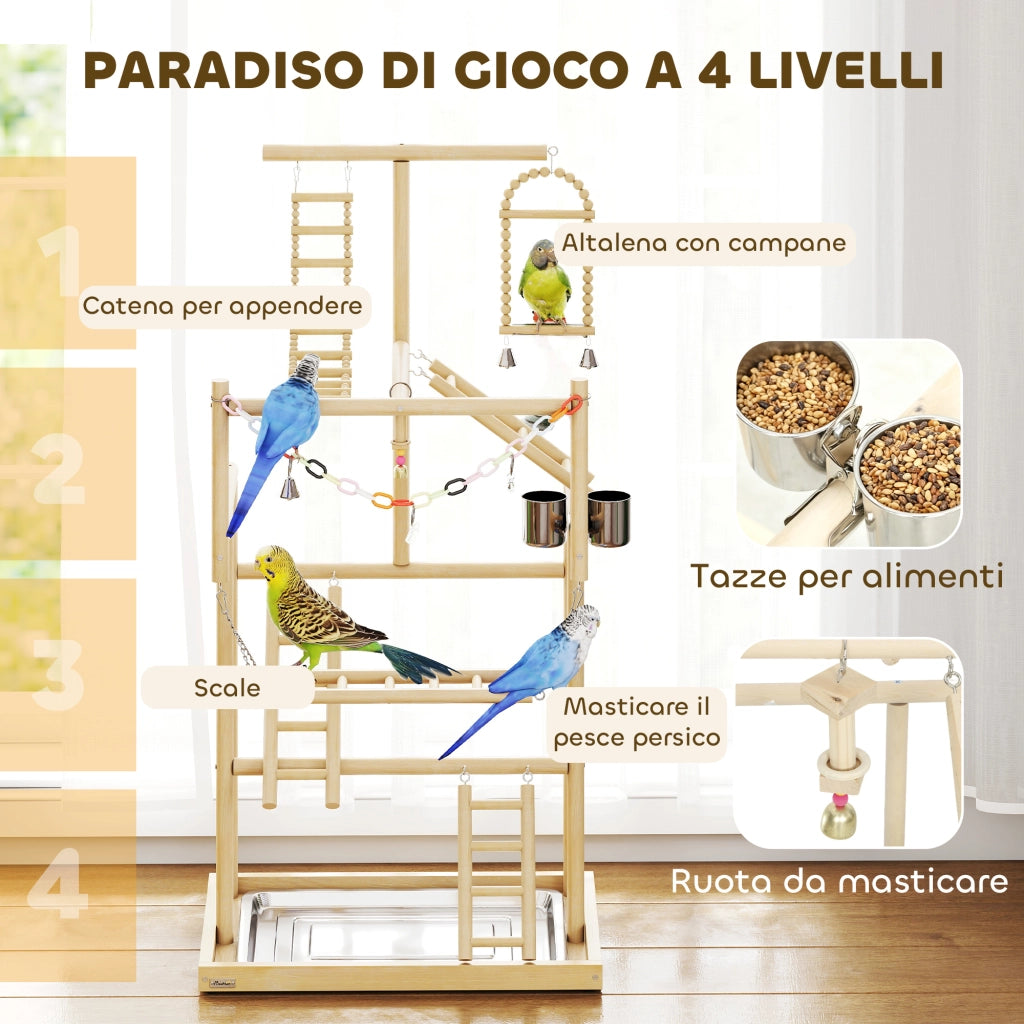 Trespolo per Pappagalli 48x38x95 cm con Giochi Vassoio Rimovibile e Posatoi in Legno Naturale