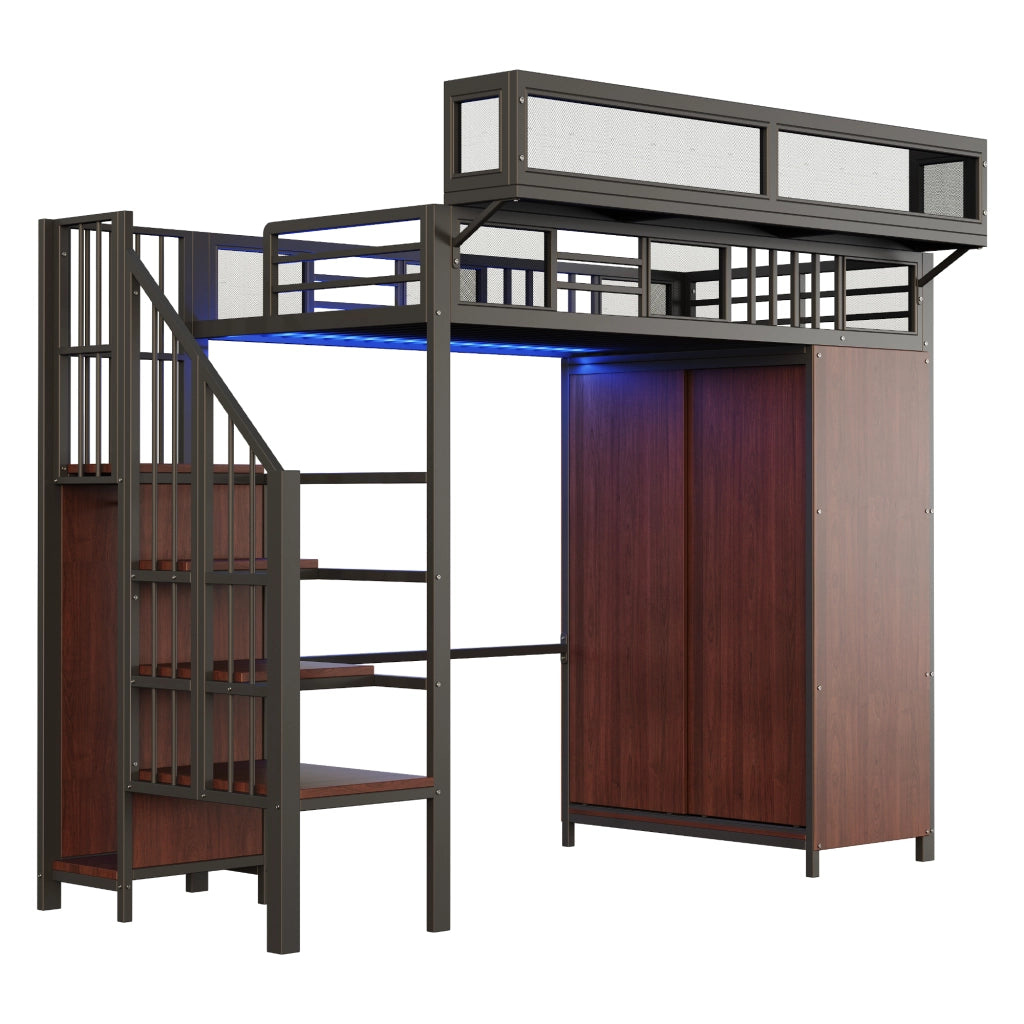 LETTO a soppalco 90x200 cm nero in metallo e legno con armadio e LED