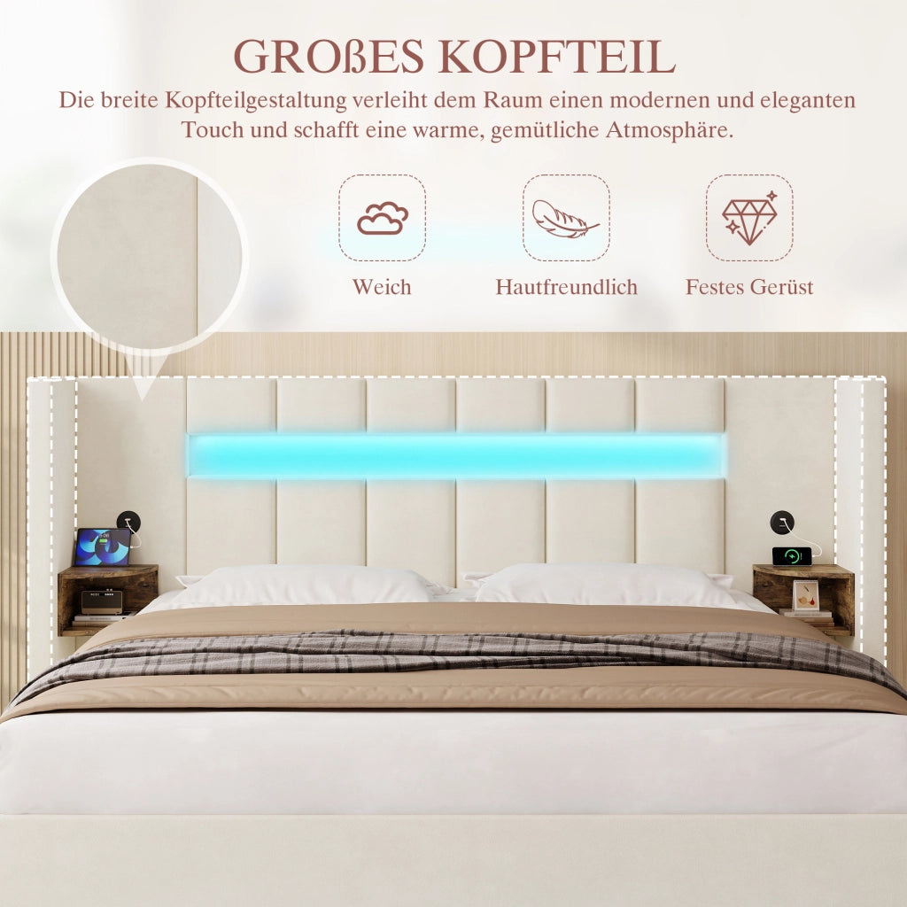 DESMIU Letto contenitore 180 × 200 cm 2 posti con USB, LED, vani portaoggetti, senza materasso, in velluto, beige
