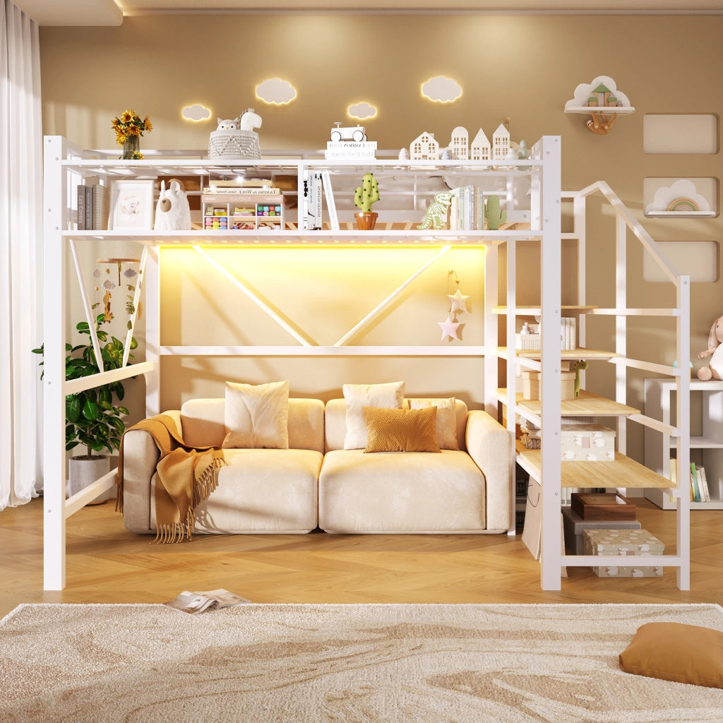 DESMIU Lit mezzanine 140 × 200 cm 2 posti con ripiani, LED, cestino portaoggetti, senza materasso, bianco