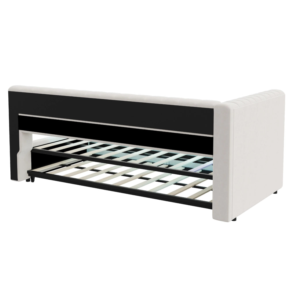 Divano letto estraibile imbottito 90x200 cm con LED; USB e Type-C; velluto beige