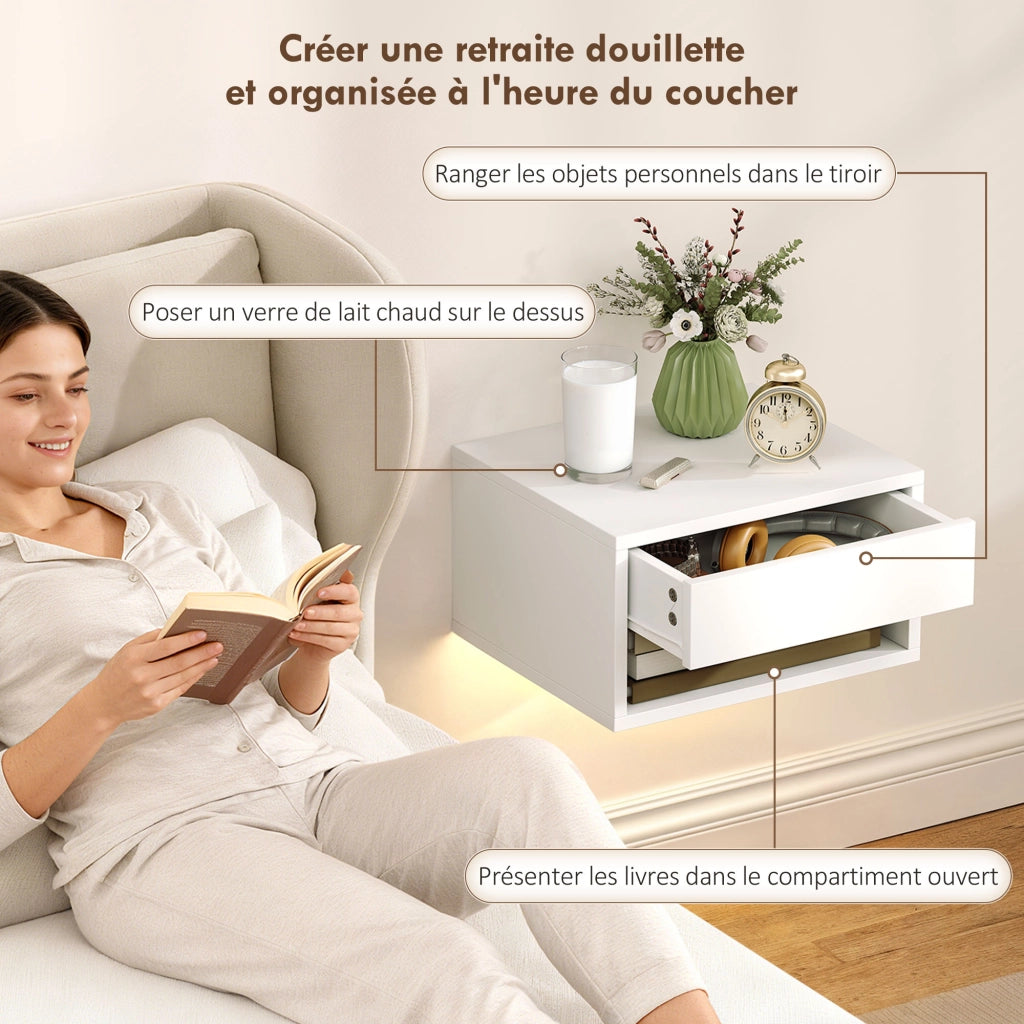 Set 2 comodini sospesi LED RGB con app, cassetto, ripiano, 37x32x21cm ¨C Xylo ¨C Bianco