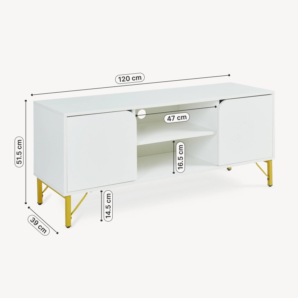 Mobile Porta TV Reyri a 2 Ante e 2 Vani Aperti 120 x 39 x 52 cm - Bianco/Dorato [en.casa]