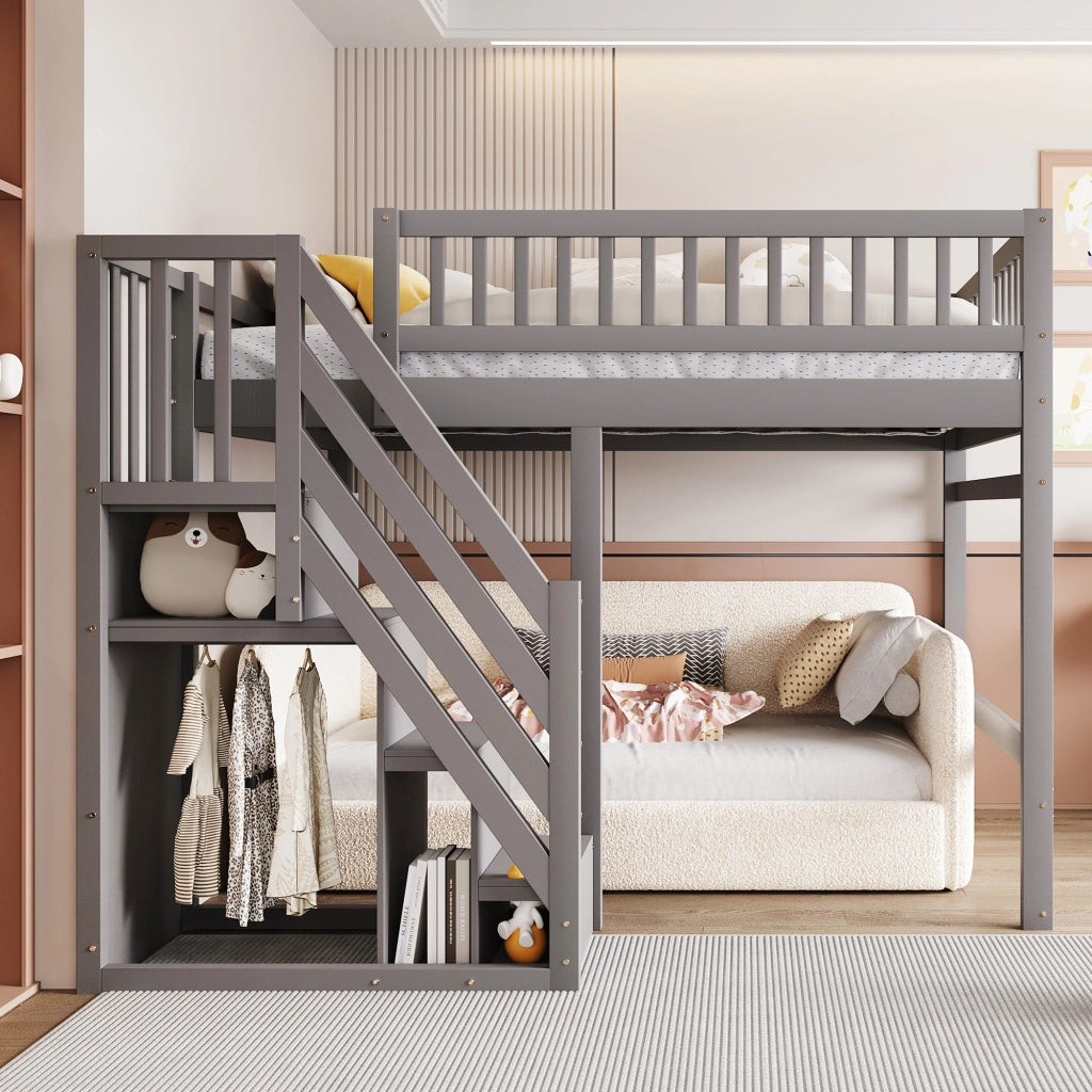 Letto a soppalco in legno massello con scala contenitore e recinzione alta; grigio; 140x200 cm; senza materasso