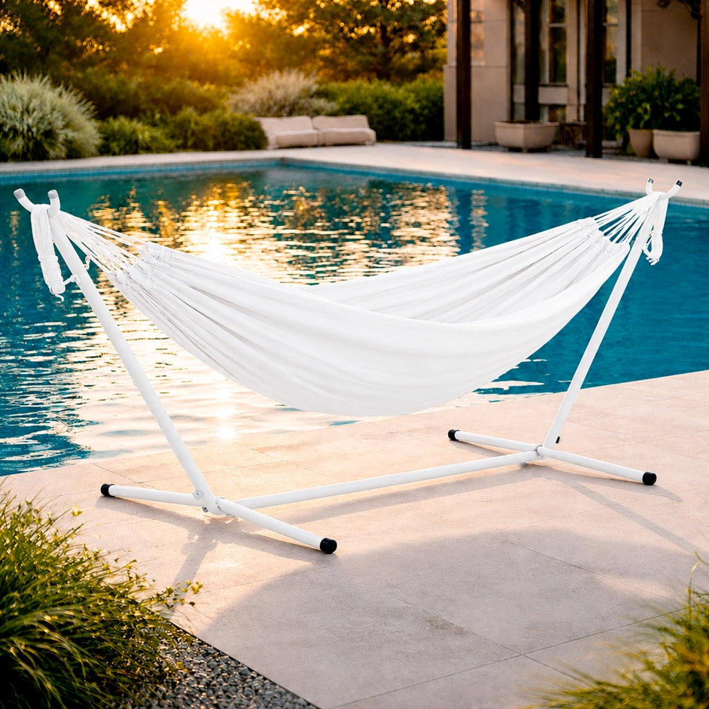 Amaca Da Giardino Con Telaio In Acciaio Portata 200 Kg Altezza Regolabile Telo Cotone Resistente Per Terrazzo Piscina Balcone Esterno Con Borsa 265 x 110 x 100 Cm Bianco