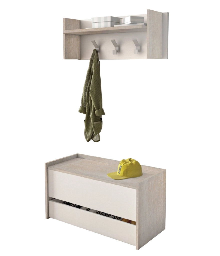 Mobile da ingresso Actinolite, Entratina moderna con appendiabiti, Mobile con scarpiera, Armadietto multifunzione, Cm 50x32h182, Rovere e Bianco