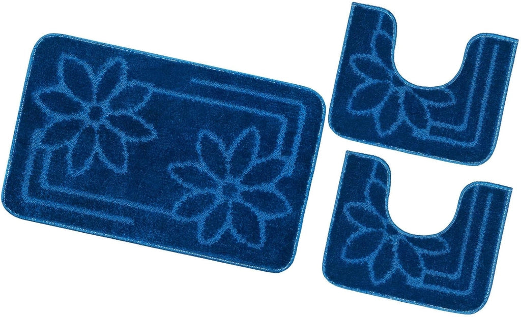 Tappeto Bagno Set 3 Pezzi Tinta Unita Antiscivolo Assorbente Girowater Fiori Made In Italy Blu