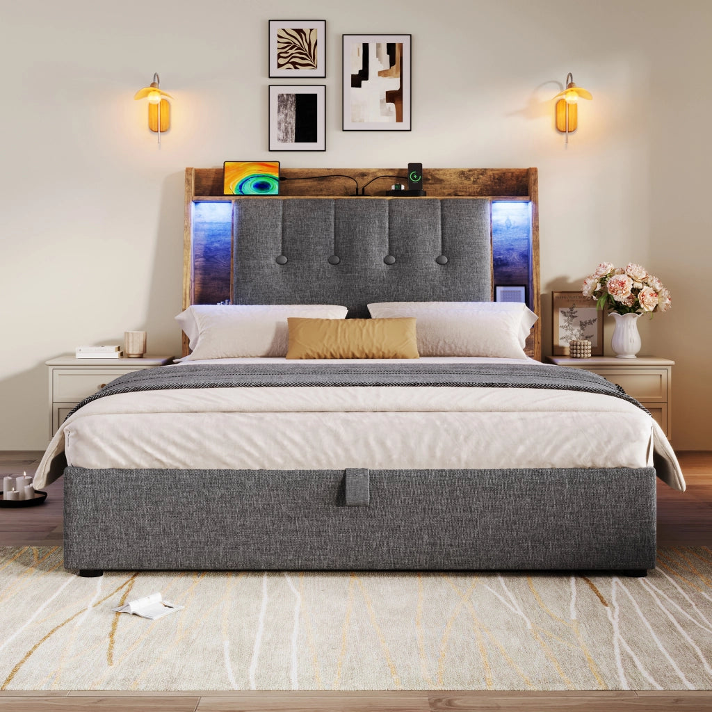 LETTO Imbottito 90x200 cm Grigio in lino e MDF con USB Type-C, LED e vani