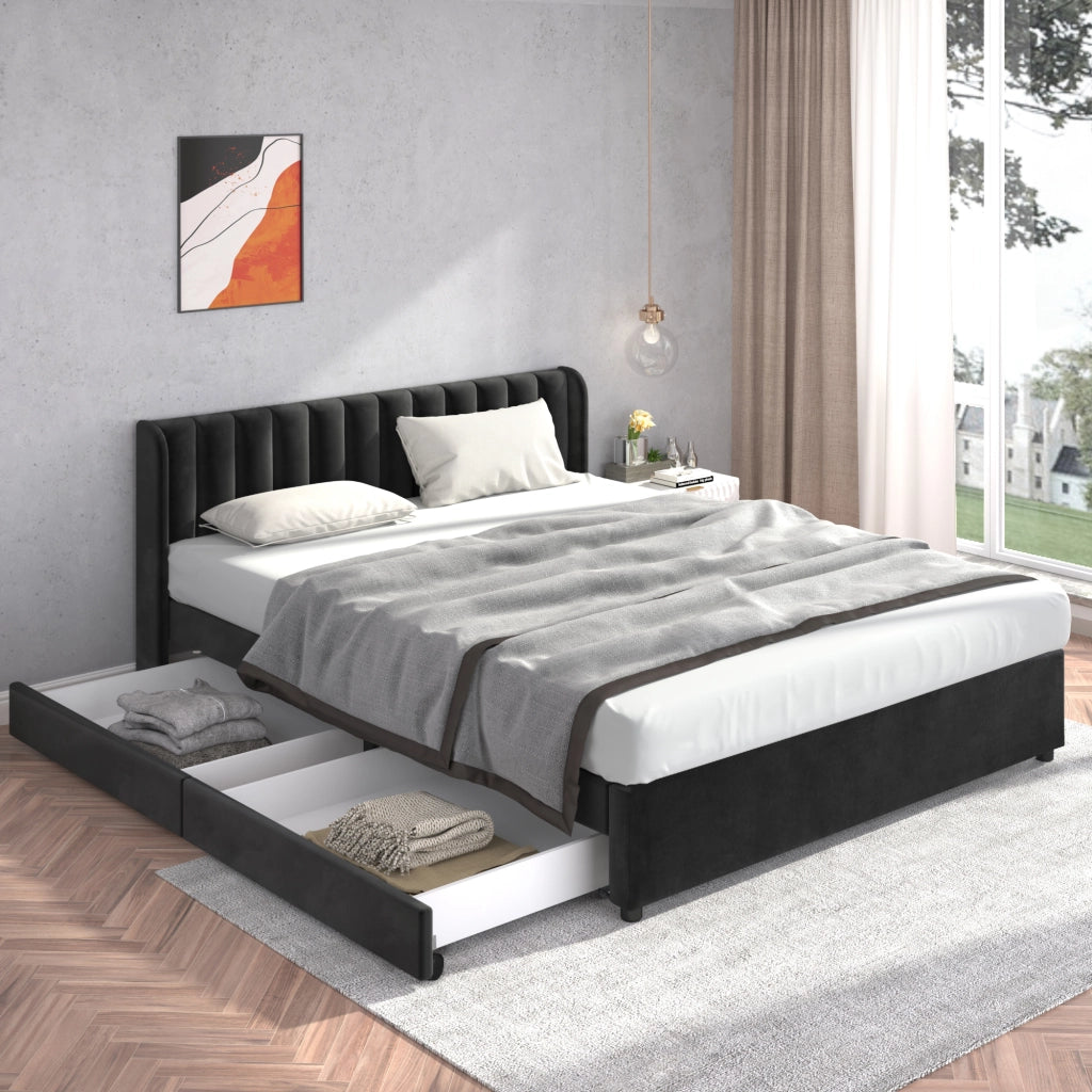 LETTO 180x200 cm in velluto nero con rete a doghe e 2 cassetti