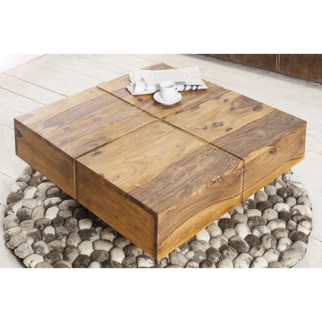 Tavolino basso TOLB 70 cm in legno massiccio di Sheesham – Tavolino basso quadrato design con piede centrale