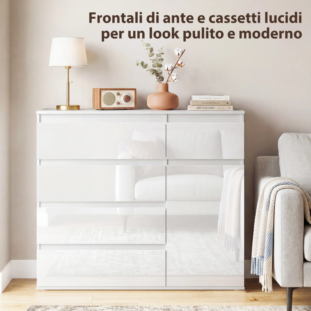 Credenza Mobile Basso 100x40x80 cm con 5 Cassetti Ripiano Regolabile in MDF Bianco Lucido