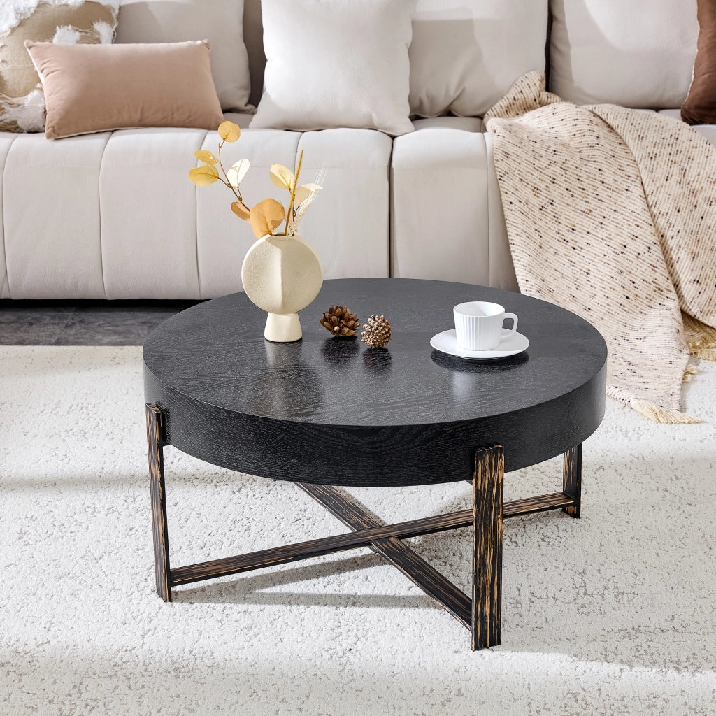 Tavolino rotondo da salotto 68 cm in stile industriale vintage, piano MDF nero effetto legno e base in metallo