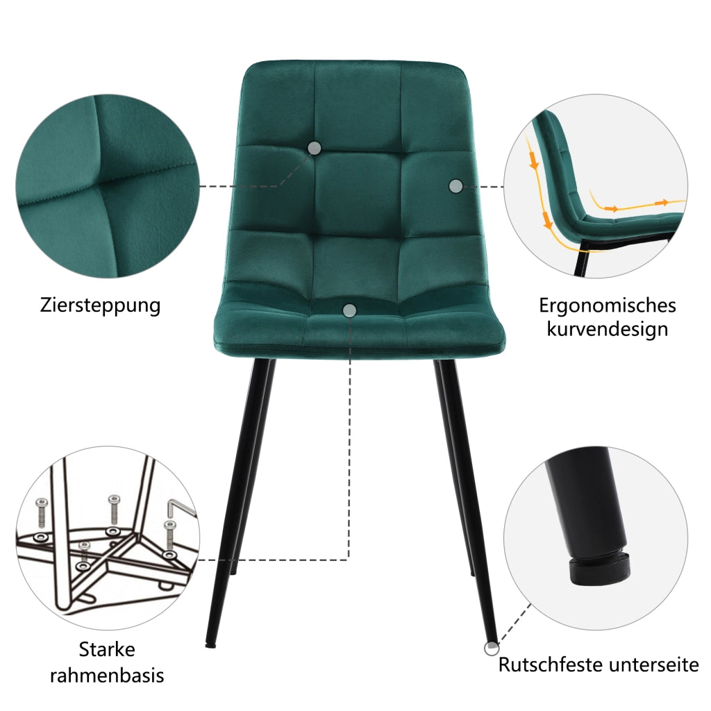 Sedia da pranzo Set di 4 Seduta imbottita con Schienale Gambe in Metallo Velluto Verde