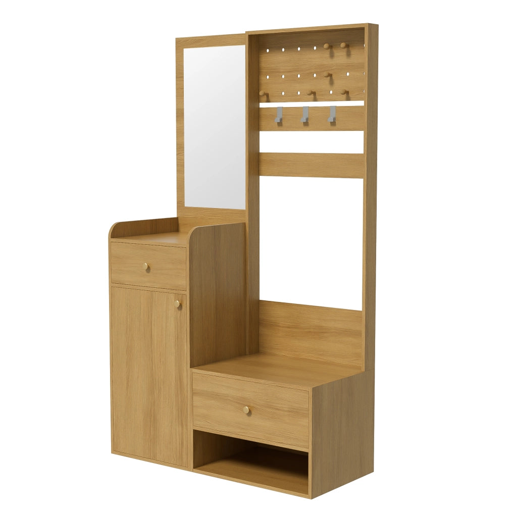OKWISH Mobile da Ingresso con Specchio, 2 Cassetti, 1 Armadietto, Ripiani Aperti e Ganci Regolabili, Legno, 105 x 38 x 180 cm