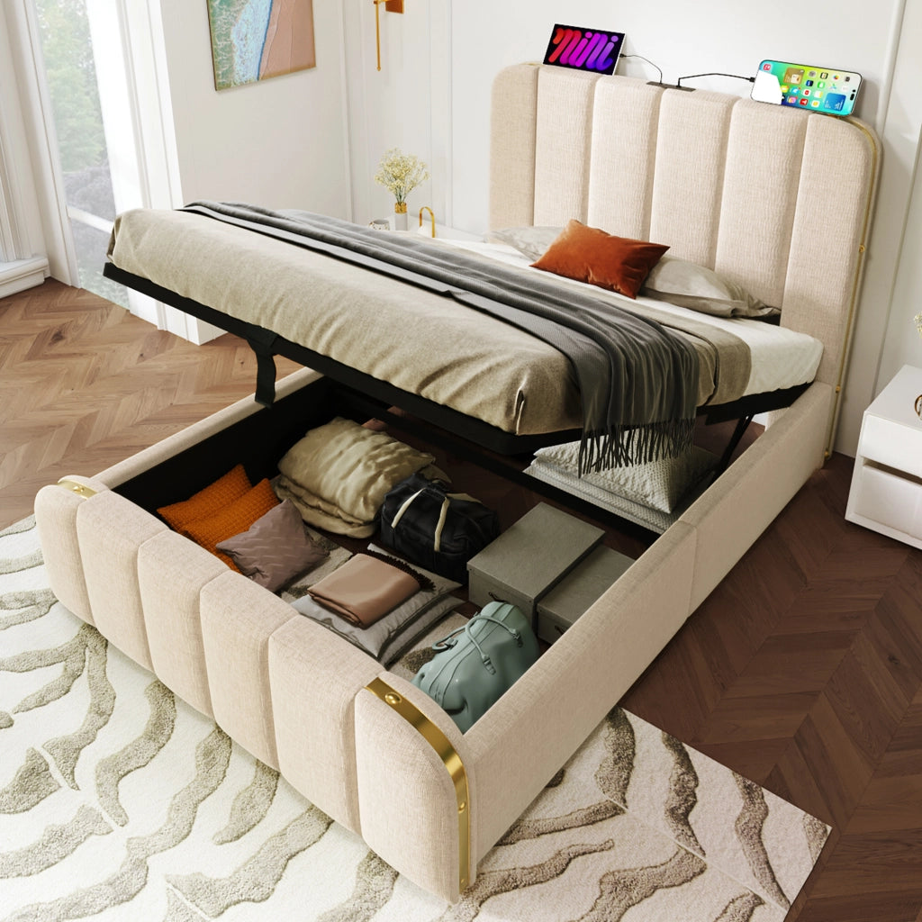 letto imbottito lino beige 90 x 200 cm
