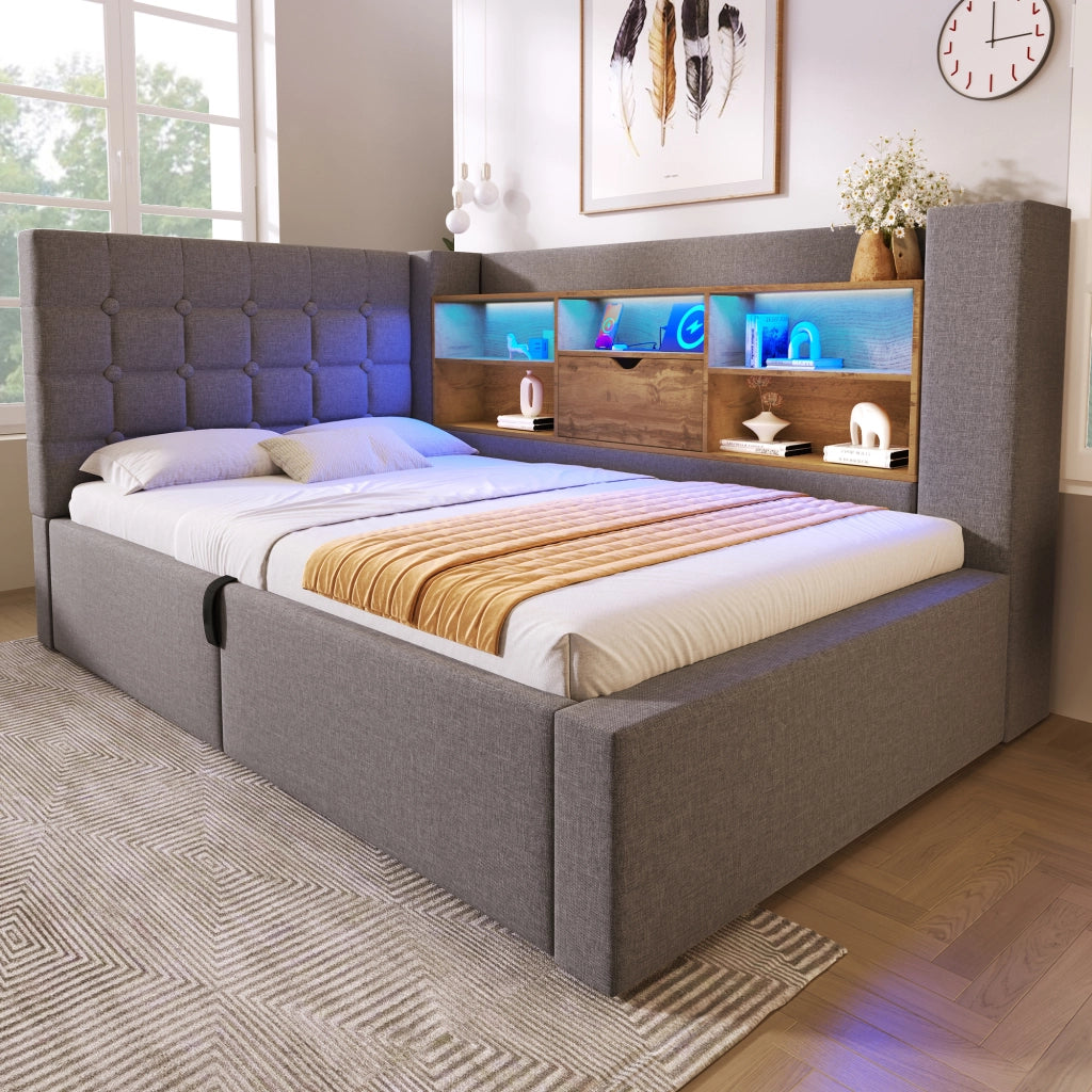 OKWISH Letto contenitore 90×190 cm, Letto singolo con LED, USB e Tipo C, Testiera a L reversibile, senza Materasso, in Lino, Grigio