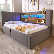 OKWISH Letto contenitore 90×190 cm, Letto singolo con LED, USB e Tipo C, Testiera a L reversibile, senza Materasso, in Lino, Grigio