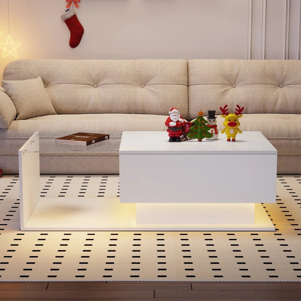 Tavolino da Caff¨¨ con Piano in Vetro e Cassetto, LED ¨C MINIMAL ¨C Bianco Lucido 100x50x32