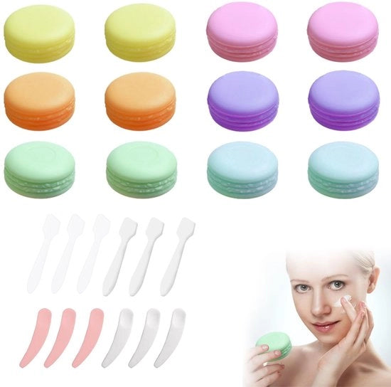 Set di contenitori per cosmetici da 12 - Borse riutilizzabili per viaggio - Piccoli contenitori da 10ml - Protezione antilebbra - Incluso: cucchiai e adesivi - Per creme e balsami - Contenitore da viaggio