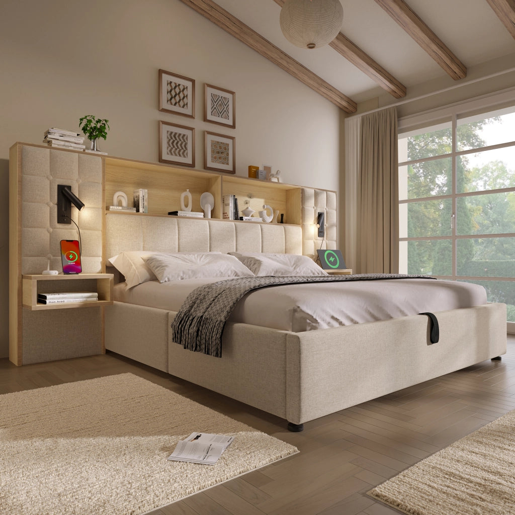 DESMIU Lit coffre 180 × 200 cm 2 posti con lampade da lettura, USB e Type-C, senza materasso, beige