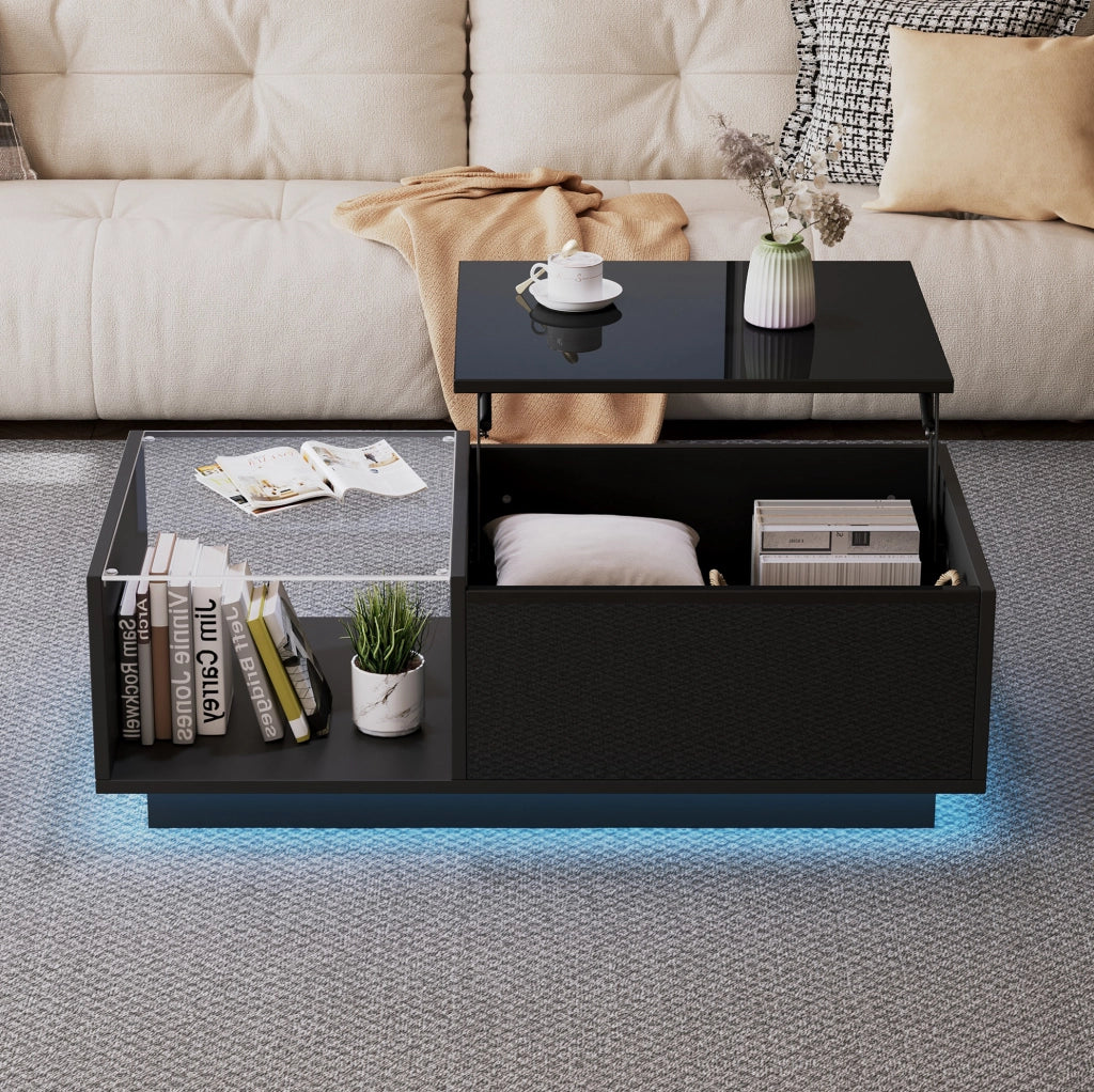 Tavolino da salotto sollevabile con LED APP; piano lucido nero; 100 x 50 x 33 cm in pannello truciolare