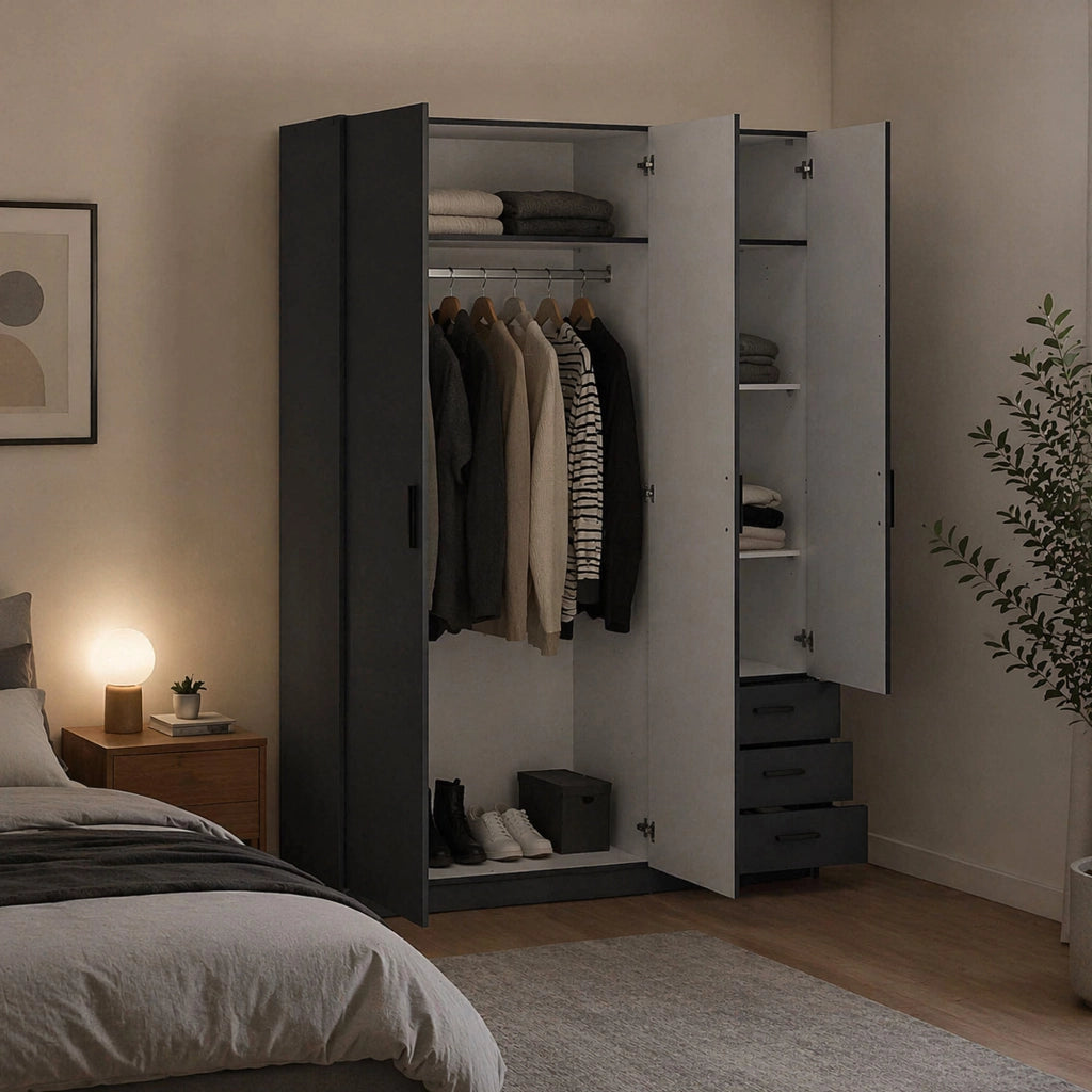 Guardaroba 3 ante Simeon, Mobile camera da letto, Cabina armadio portabiti, Armadio appendiabiti, 147x50 h200 cm, Grigio