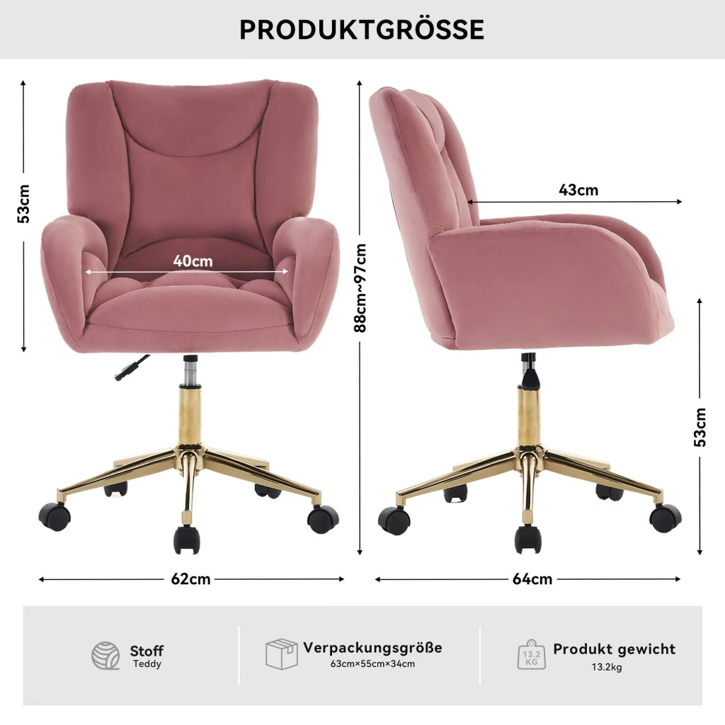 Sedia da ufficio girevole - con altezza regolabile e ruote - in velluto - rosa