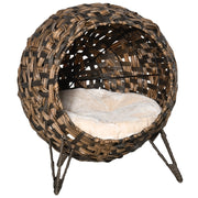 Casetta per gatti in rattan con cuscino, cuccia, grotta per gatti con piedini rialzati, marrone, ?52 x 58 cm