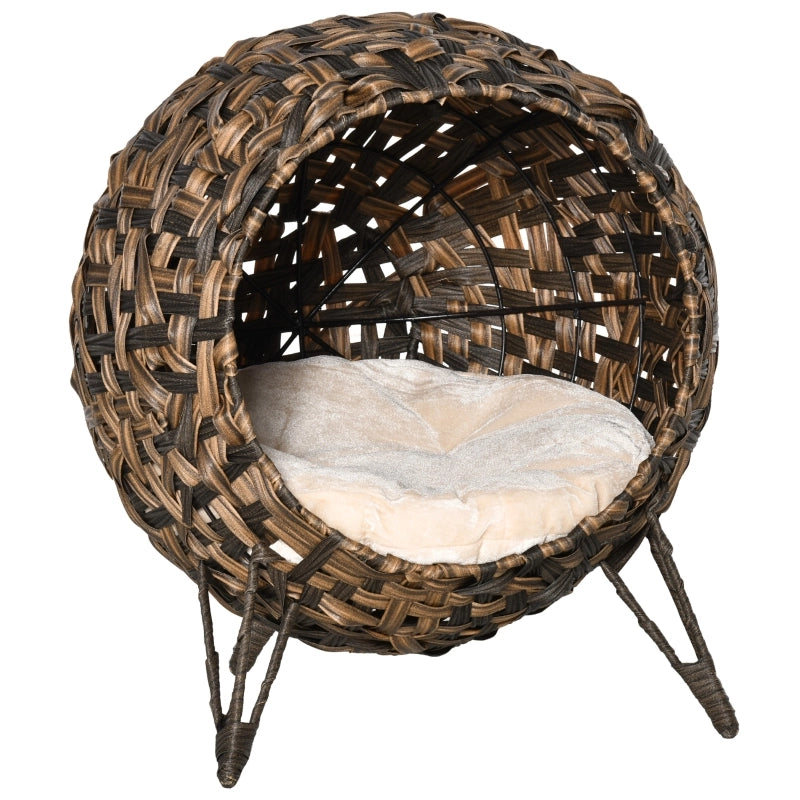 Casetta per gatti in rattan con cuscino, cuccia, grotta per gatti con piedini rialzati, marrone, ?52 x 58 cm