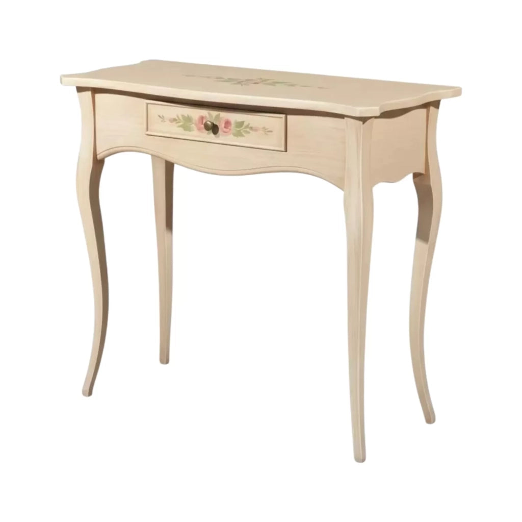 Consolle legno 1 cassetto avorio patinato decori 87x38x77 - Mobili 2G