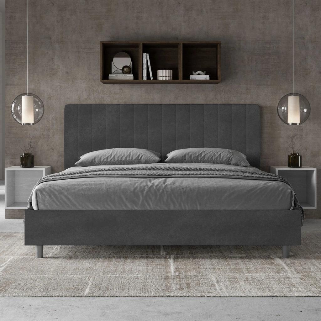 BS COM Letto matrimoniale king size contenitore imbottito 180x200 microfibra grigio