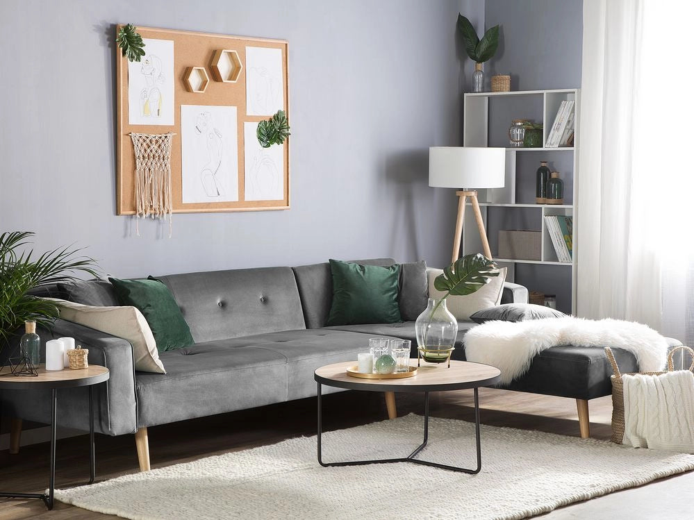 Divano letto ad angolo con 3 cuscini Rivestimento in velluto grigio Gambe in legno chiaro Chaise longue reclinabile sinistra a 4 posti