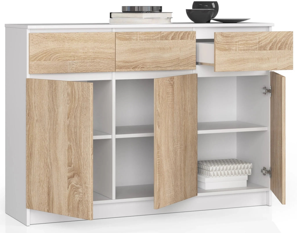 Cassettiera AKORD K140 Bianca 138 cm 3 ante 3 cassetti inserto frontale Sonoma Quercia 138x40x99 cm