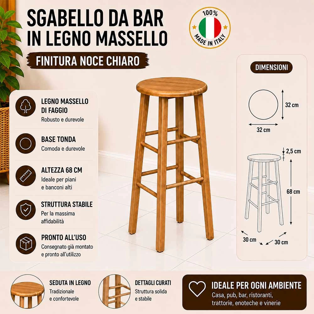 Sgabello in legno massello noce chiaro h 68 cm con seduta rotonda e gambe dritte
