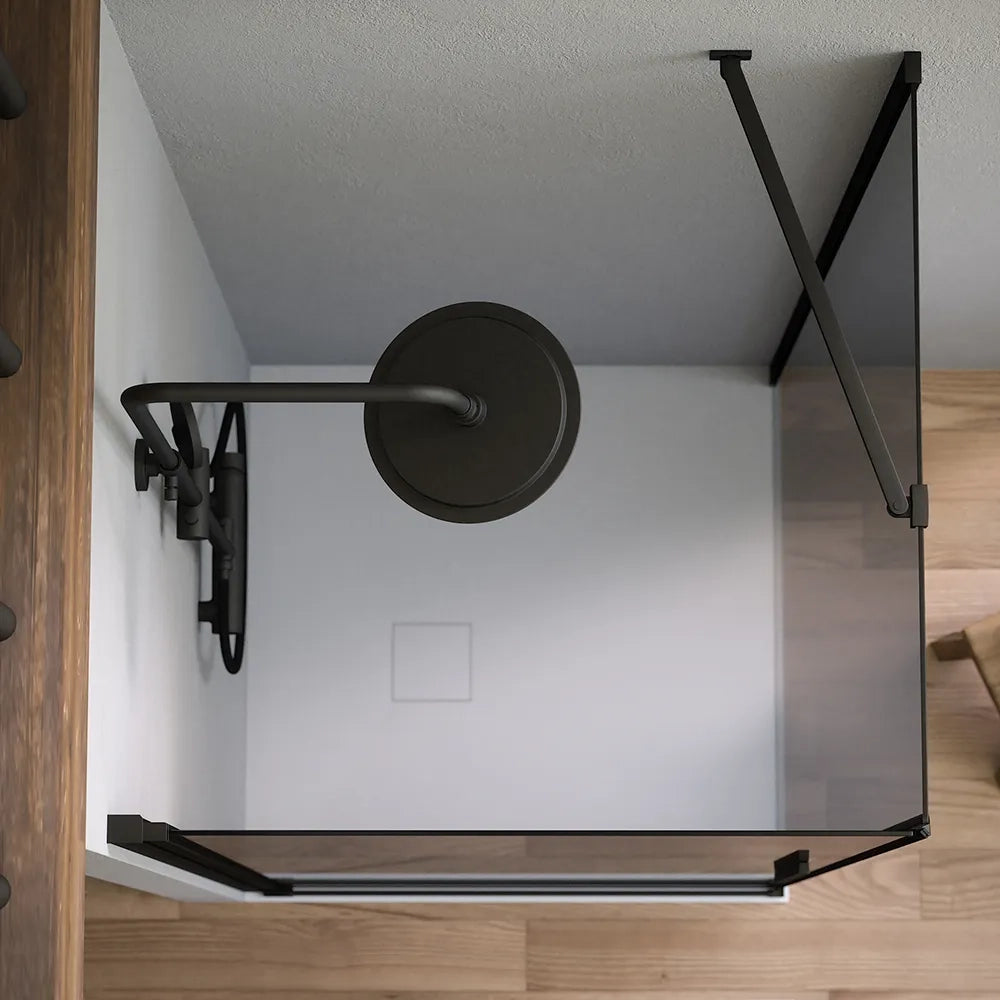 Box doccia 90x70cm con apertura a battente e parete fissa, profili nero opaco e vetro da 6mm fumè h195 | Elba