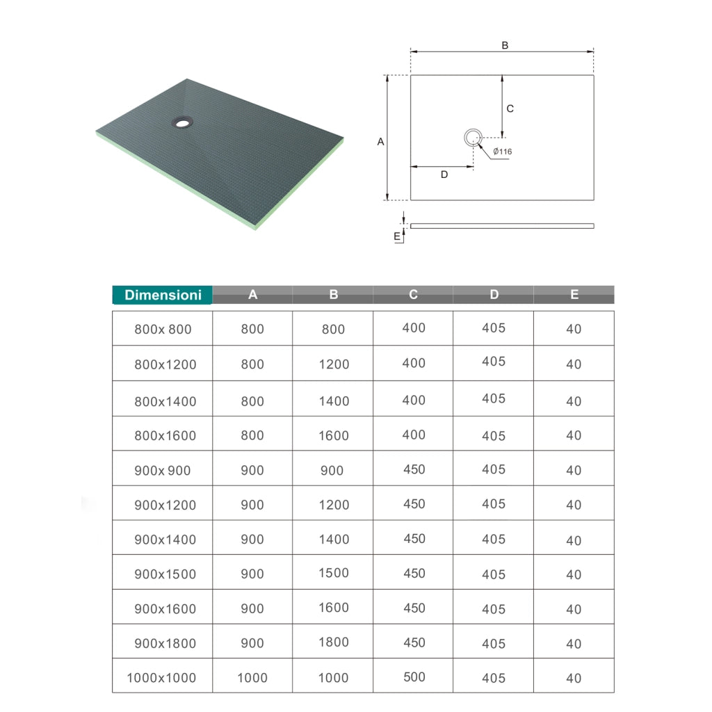 Piatto Doccia Pronto da Piastrellare in Estruso Rigida Polistirene Tagliabile Isolamento per Bagno Dimensione 90x120X4 cm Sifone Piletta e Tubo inclusi
