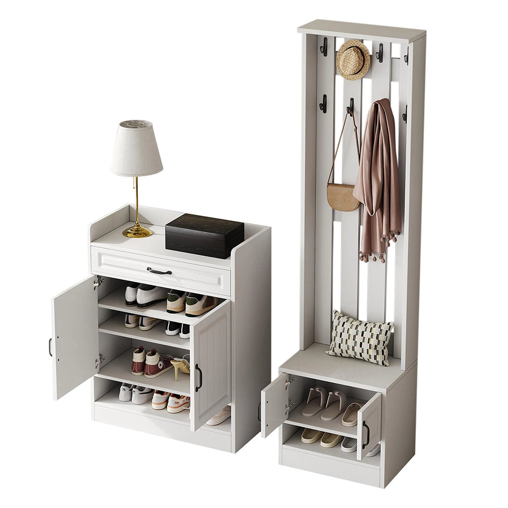 Set ingresso completo - Xylo - con armadio, panchina e appendiabiti, 8 ganci, 4 ante, 1 cassetto, 125x36x190 cm