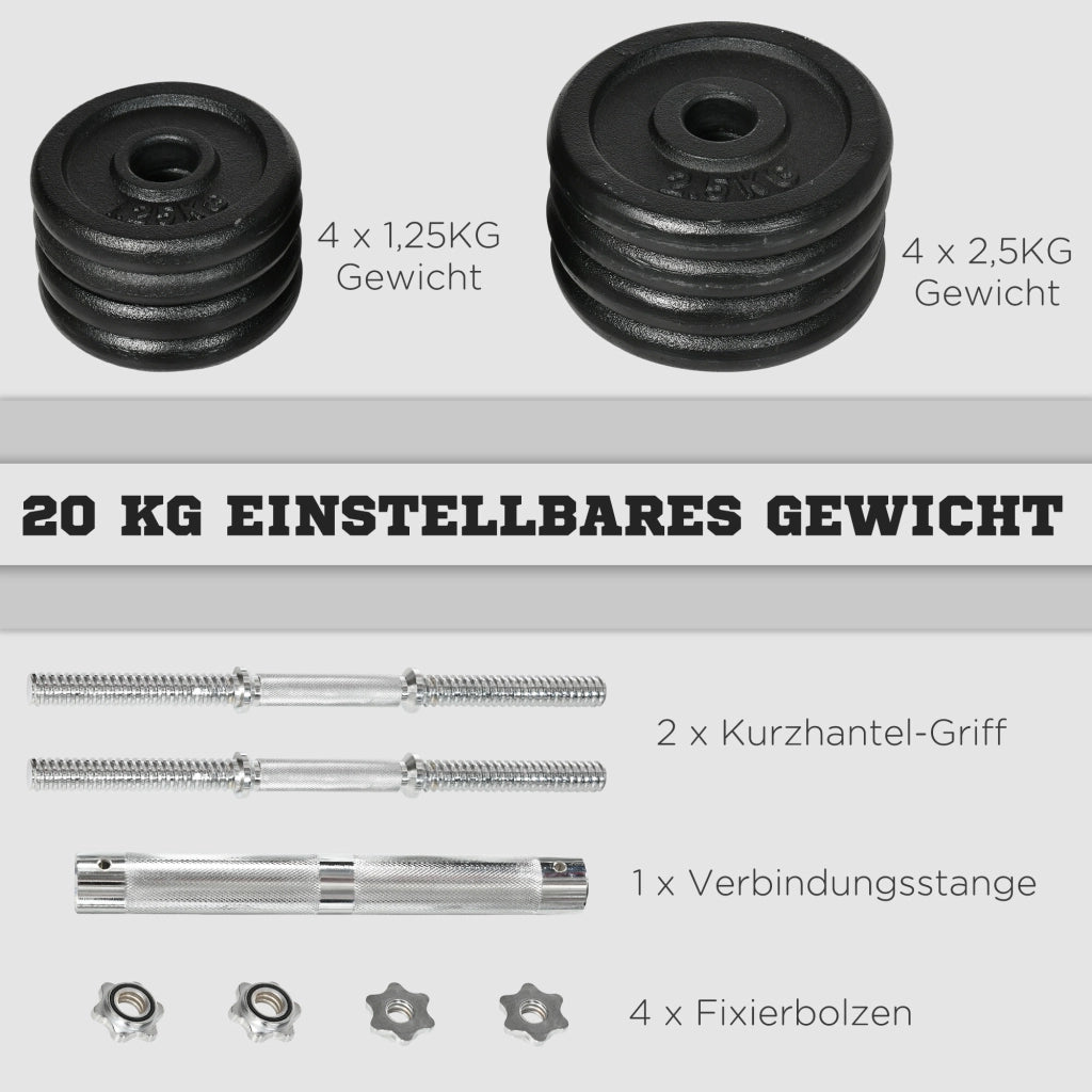 Set Manubri e Bilanciere 2 in 1 ¨C Xylo ¨C 20 kg, 8 Dischi, Ferro Antiruggine, Nero, 95x16x16 cm
