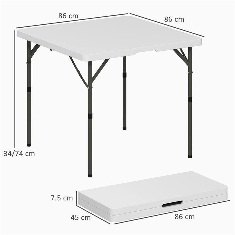 TAVOLO DA CAMPEGGIO PIEGHEVOLE CON 2 ALTEZZE REGOLABILI IN HDPE E METALLO, 86X86X74 CM, BIANCO