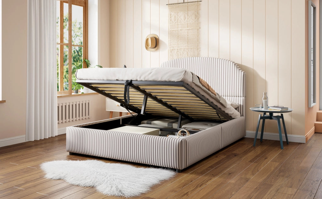 DESMIU Lit contenitore 140 × 200 cm 2 posti con vano idraulico e testiera, senza materasso, in tessuto rigato bianco e antracite